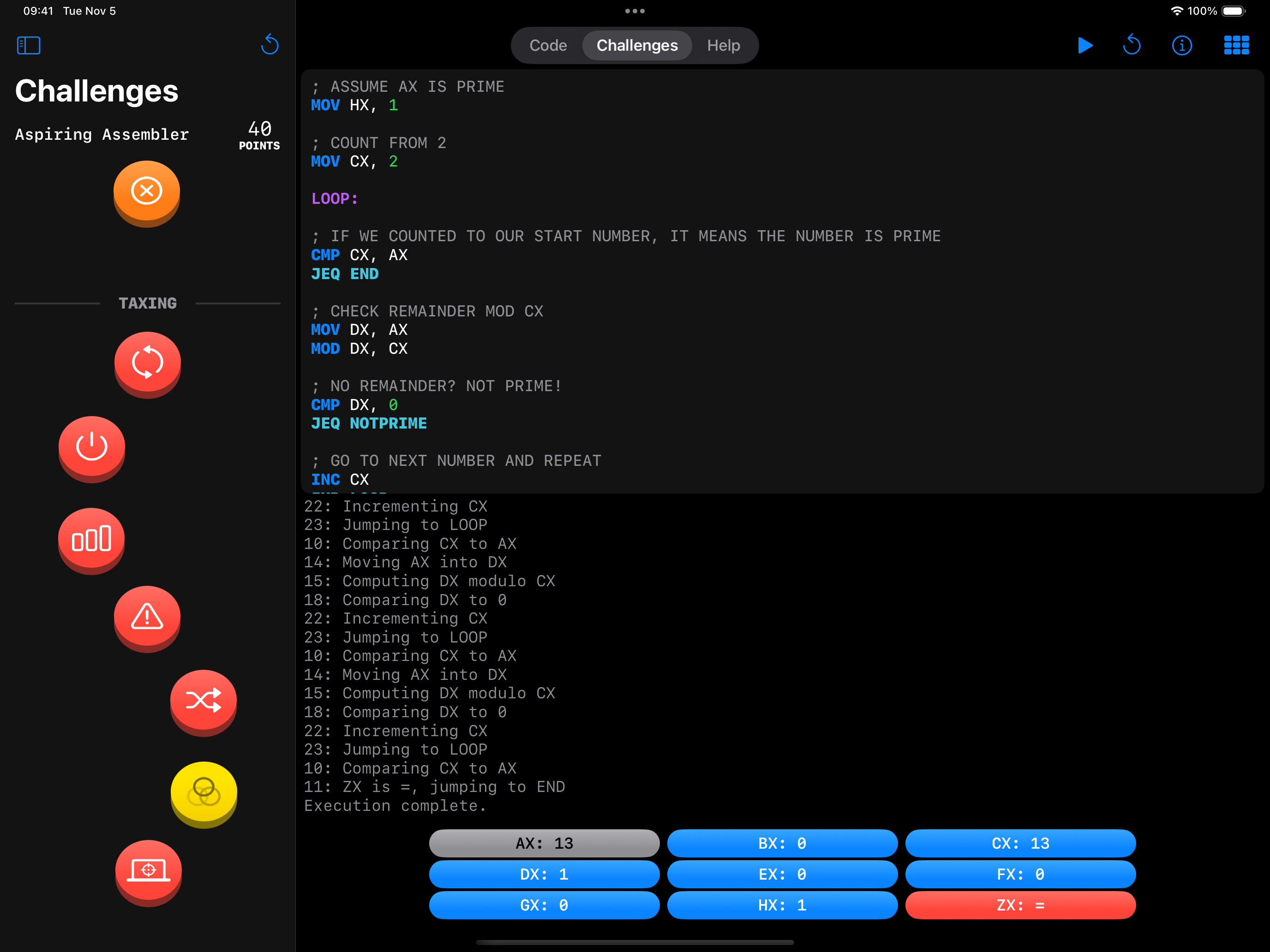 Assembly code solving a challenge, with more challenges visible on the side..