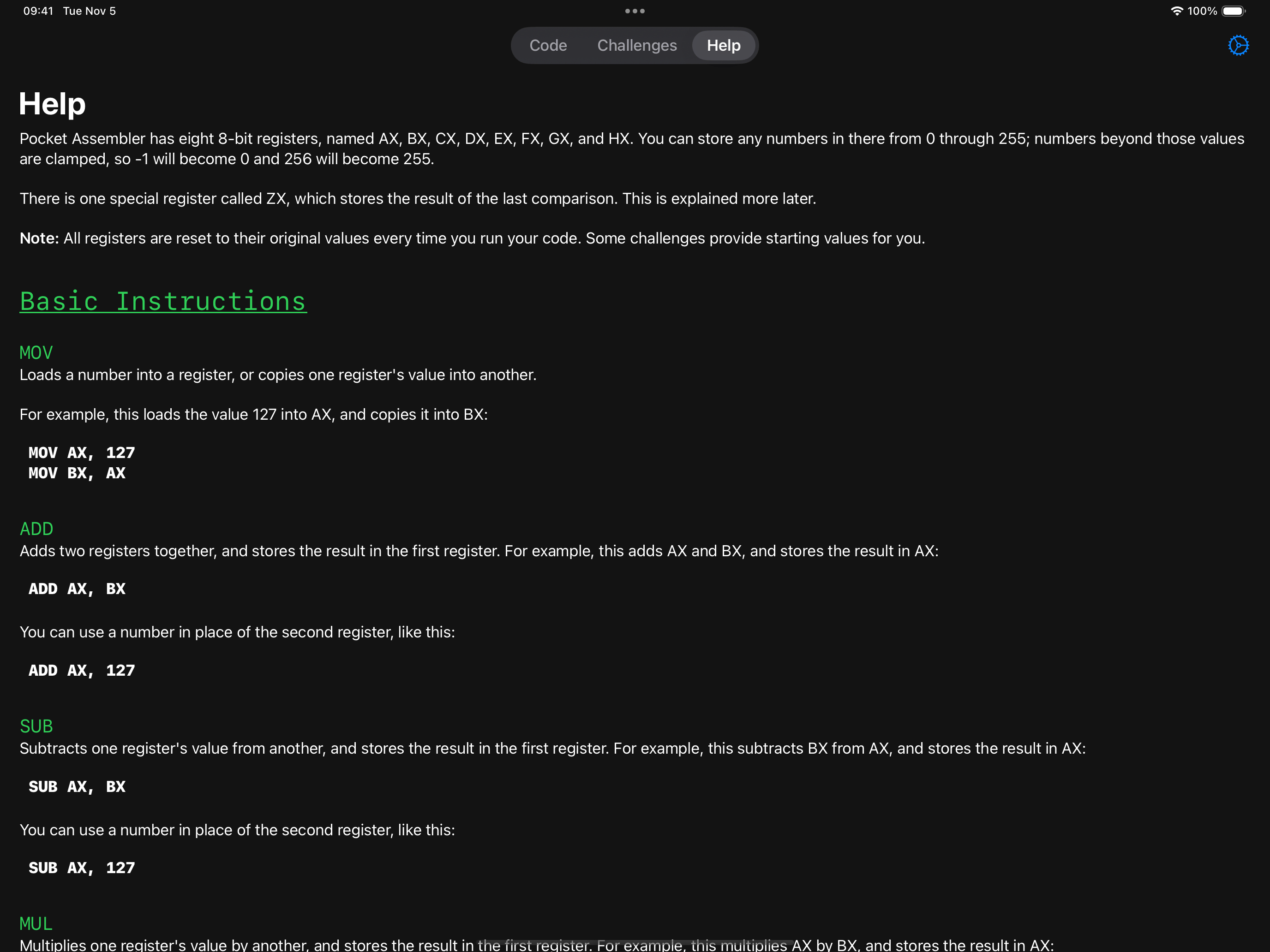 Documentation for Pocket Assembler, providing sample code.