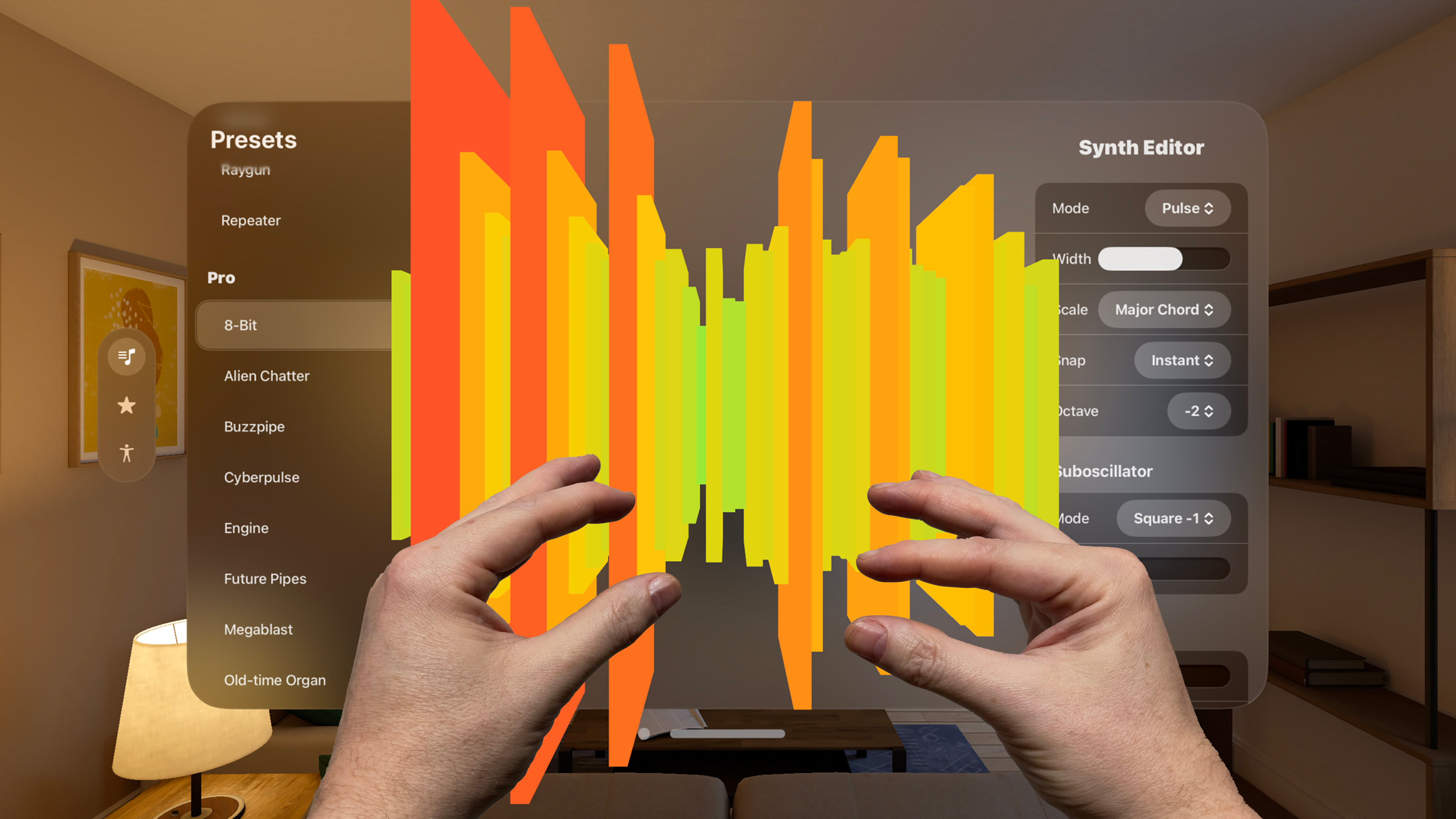 Hands in front of a visionOS app, showing a sound waveform.