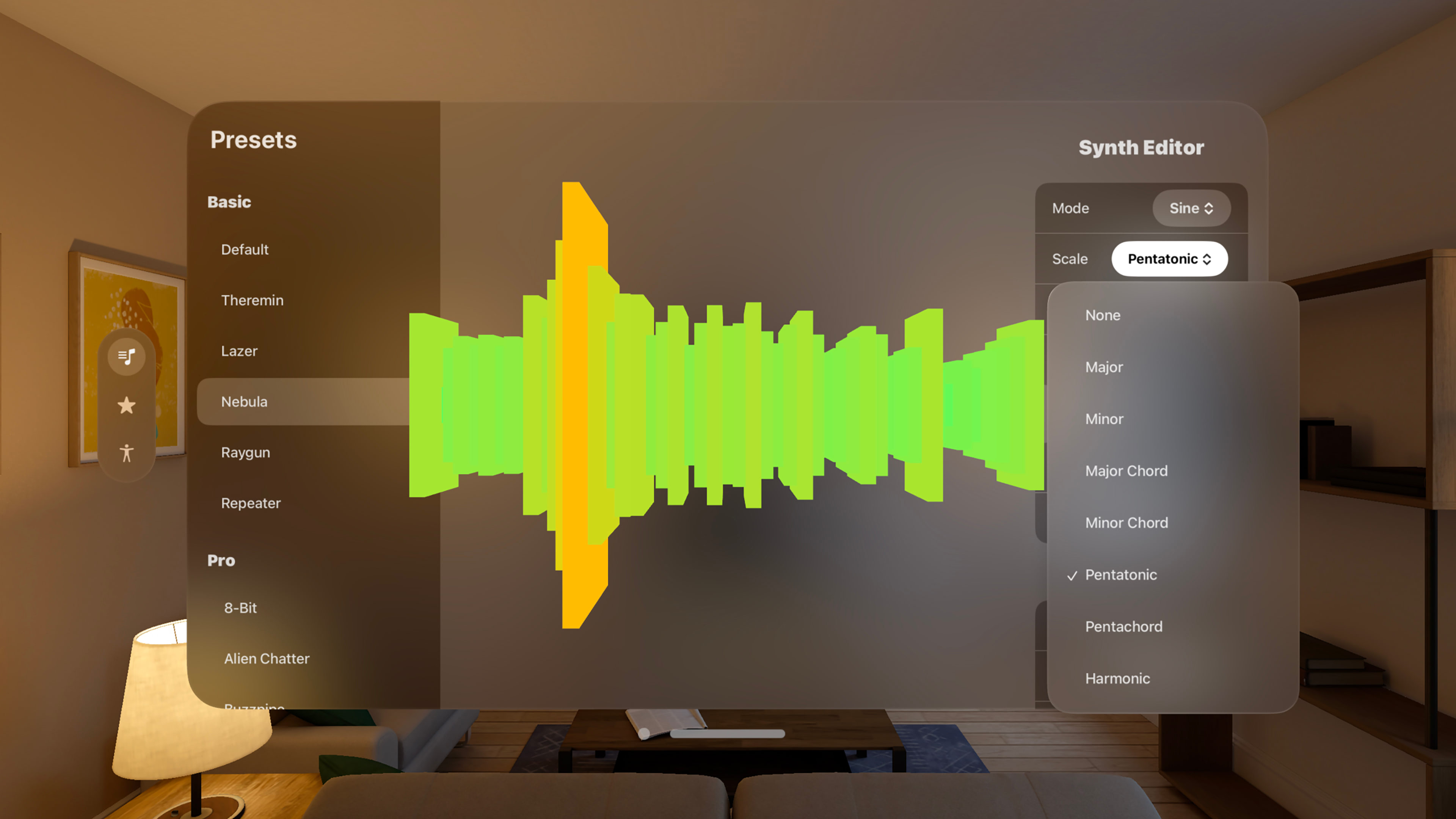 A visionOS app showing a sound waveform, with a popover showing musical scale selection.