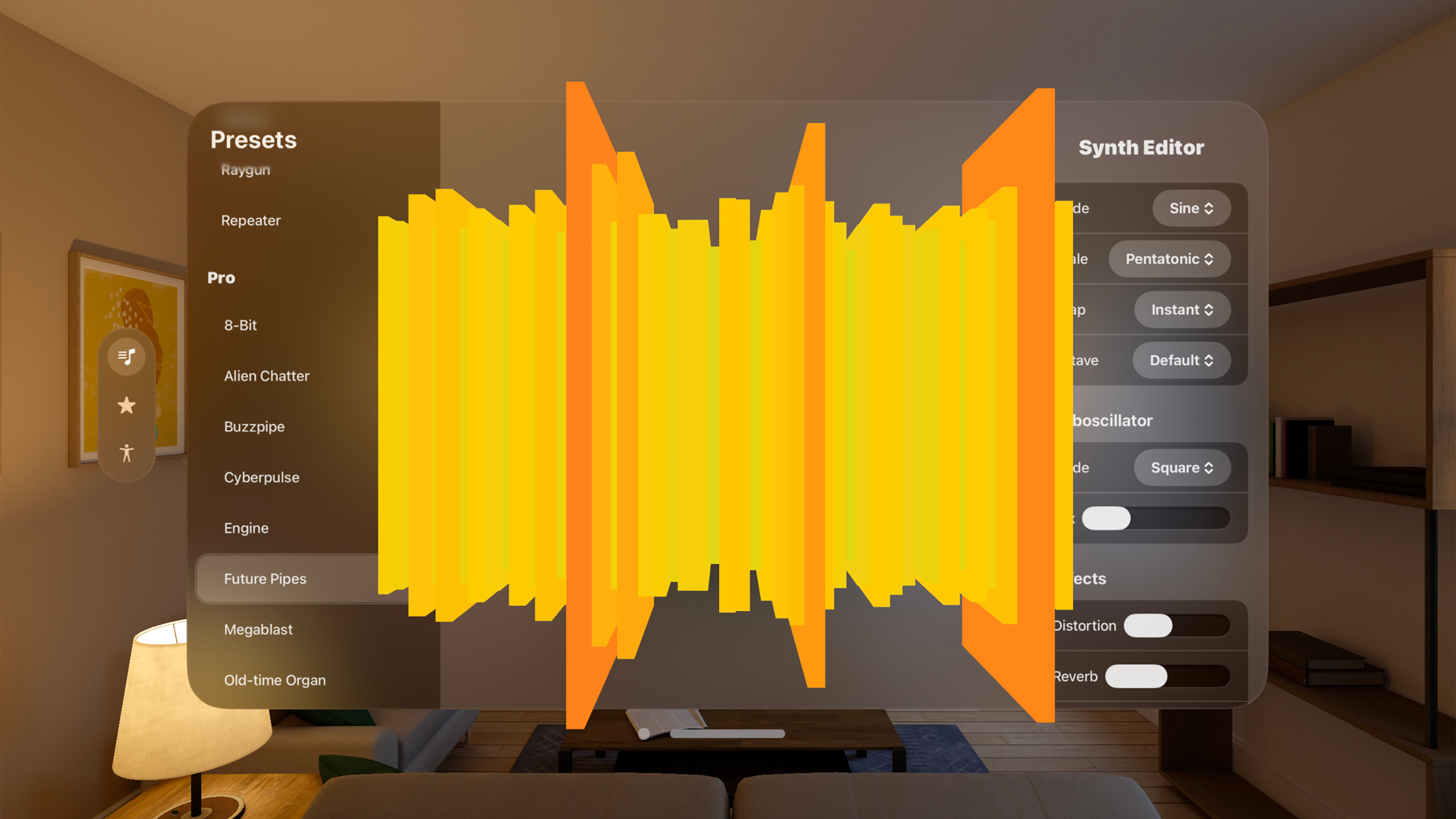 Hands in front of a visionOS app, showing a sound waveform.