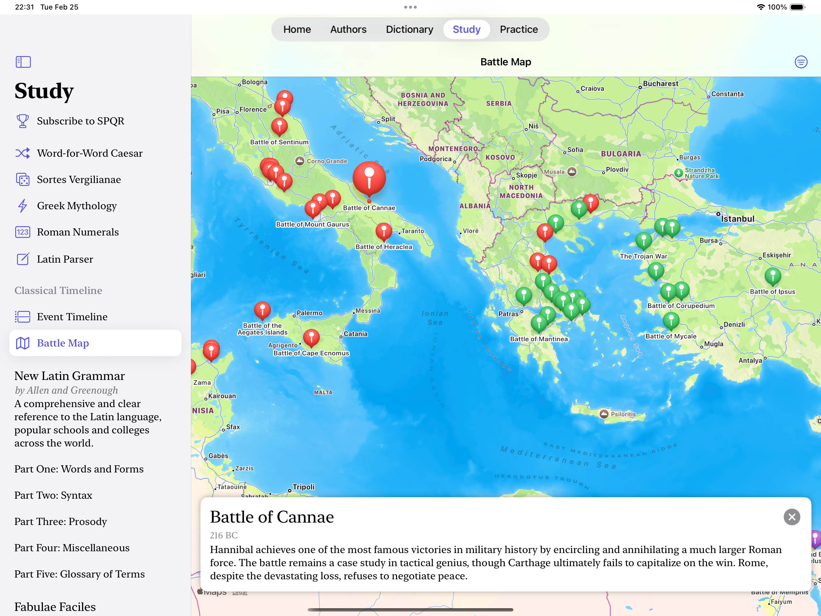 Explore over 250 ancient battles on a map.
